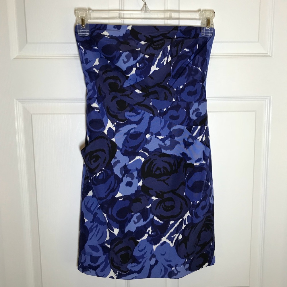 Ann Taylor Petites Blue Floral Strapless Dress